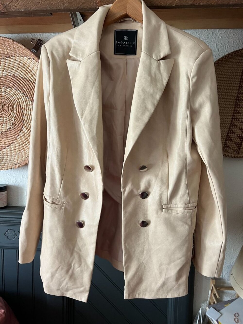 Bagatelle Collection Beige Faux Leather Blazer Women Size S Double Breasted